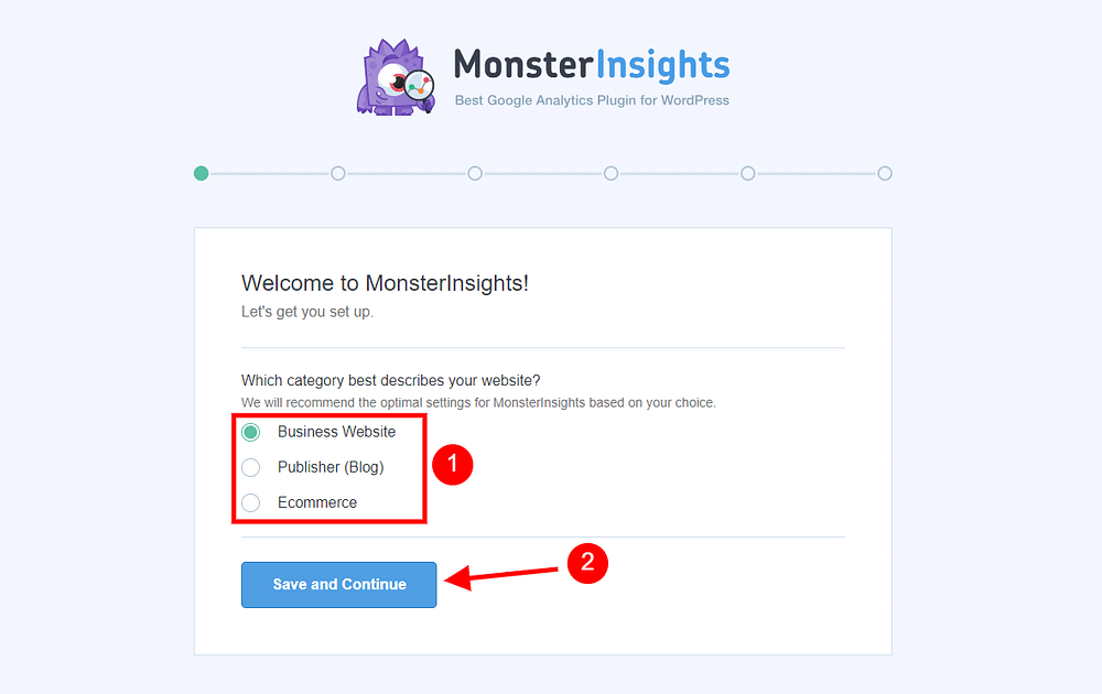 MonsterInsights Setup Wizard Page 1