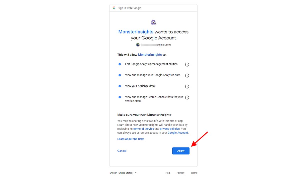 Allow MonsterInsights To Manage Google Analytics Data