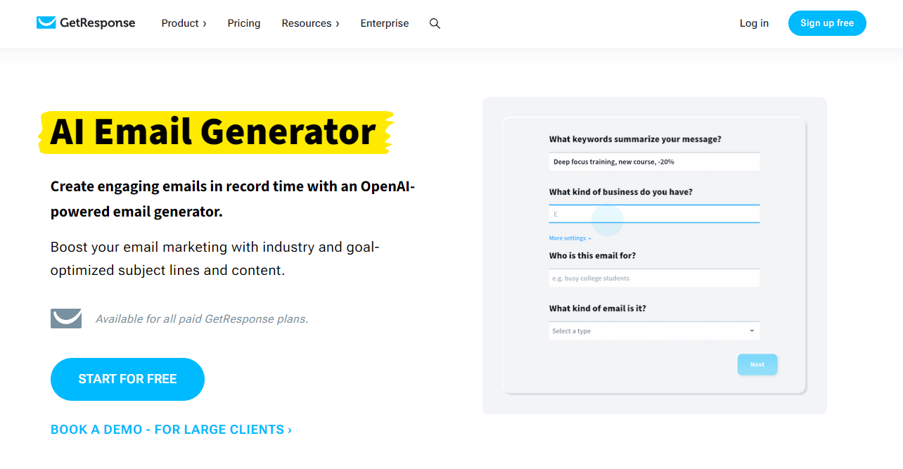 GetResponse AI Email Generator LP Screenshot