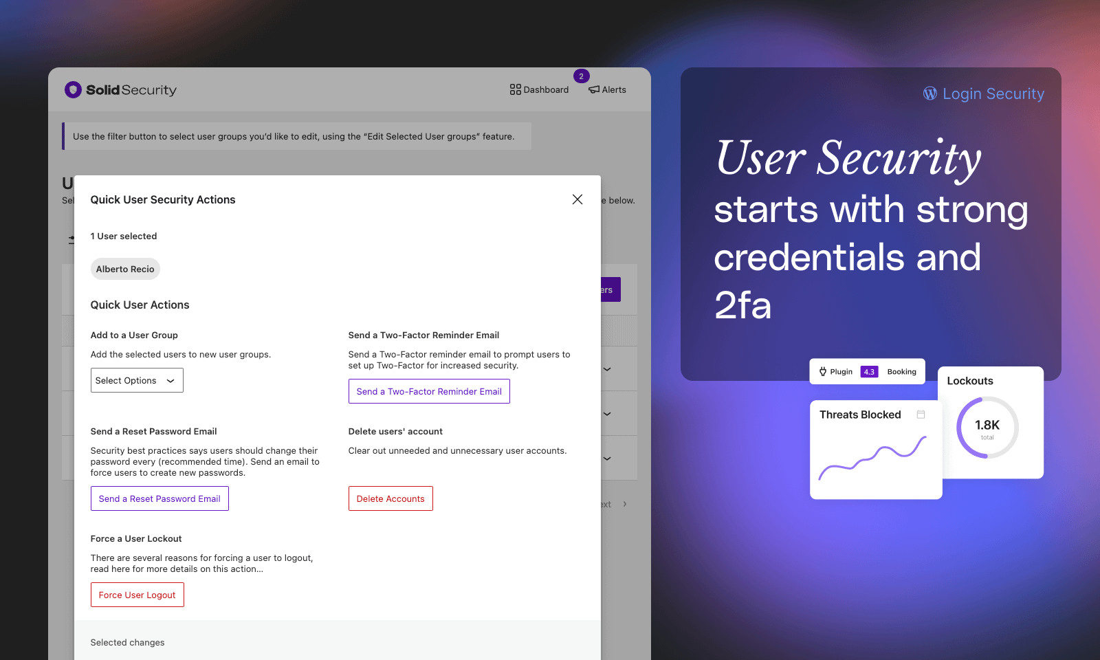Quick User Security Actions - Solid Security Screenshot