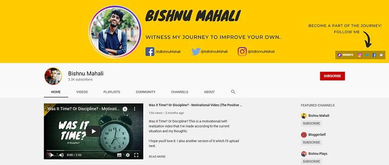 Bishnu Mahali YouTube Channel Homepage Screenshot