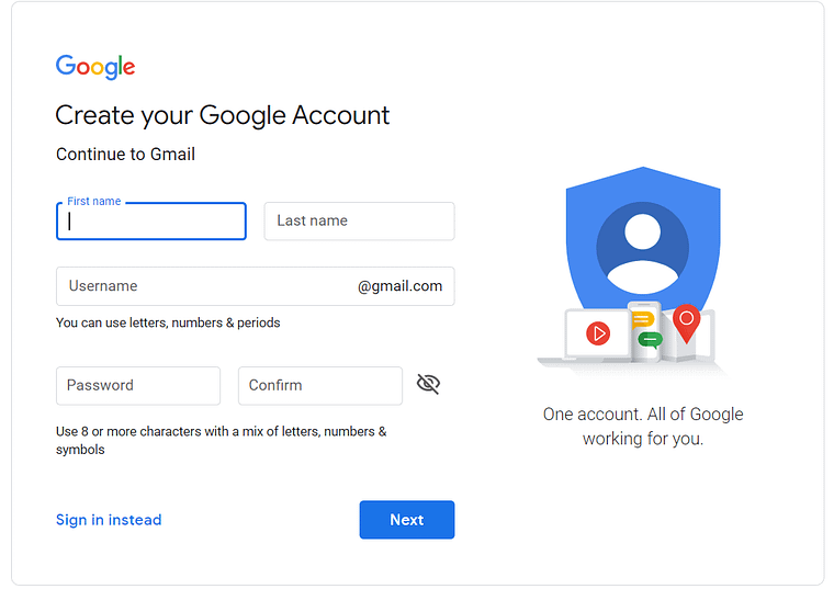Google Account Signup Page Screenshot
