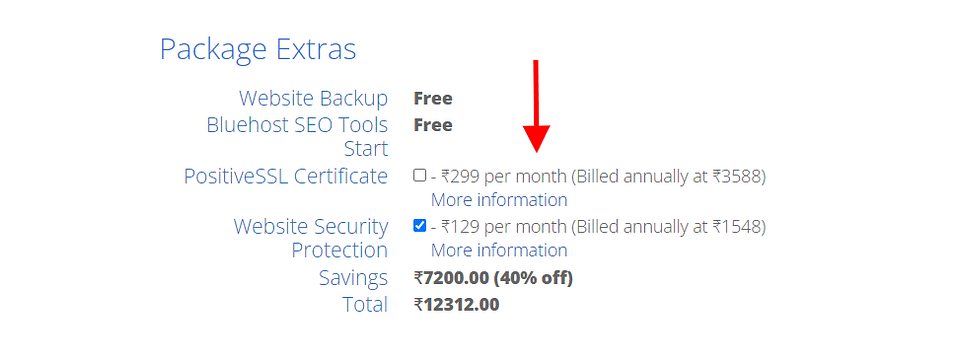 Bluehost.in - Select Or Deselect Extra Packages